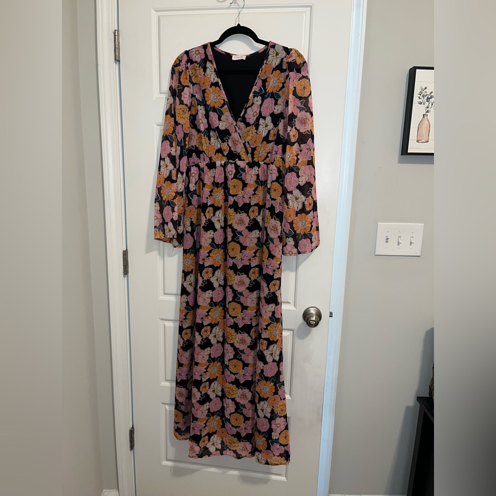 Pink lily floral long sleeved maxi dress